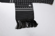 Black White Polka Dotted Silk Skinny Fringes Scarf