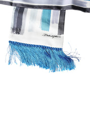 White Blue Stripes Silk Fringes Wrap Scarf