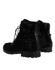 Black Pony Style Leather Mid Calf Boots Shoes
