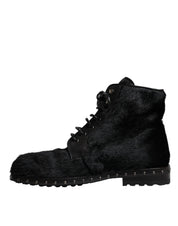 Black Pony Style Leather Mid Calf Boots Shoes
