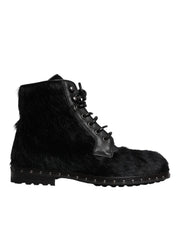 Black Pony Style Leather Mid Calf Boots Shoes