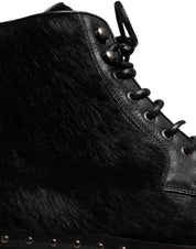 Black Pony Style Leather Mid Calf Boots Shoes