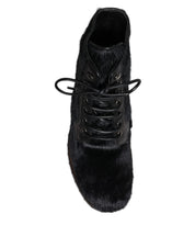 Black Pony Style Leather Mid Calf Boots Shoes