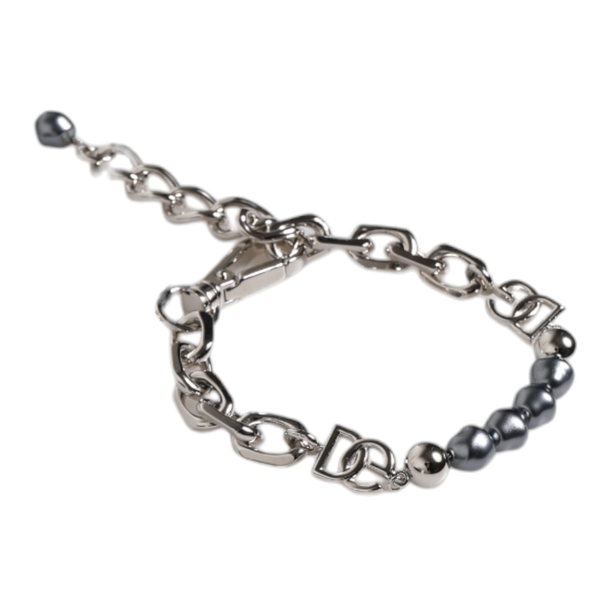Dolce & Gabbana Silver Tone Chain Lobster Clasp Logo Gray Pearls Bracelet Dolce & Gabbana