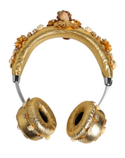 Gold Leather Floral Crystal Angel Headset Headphones