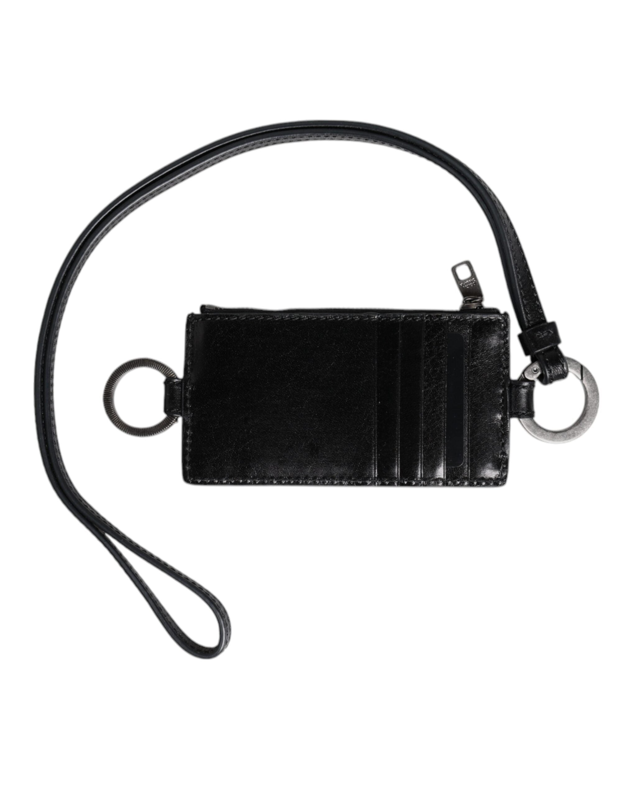 Dolce & Gabbana Black Leather Logo Embossed Lanyard Card Holder Wallet Dolce & Gabbana