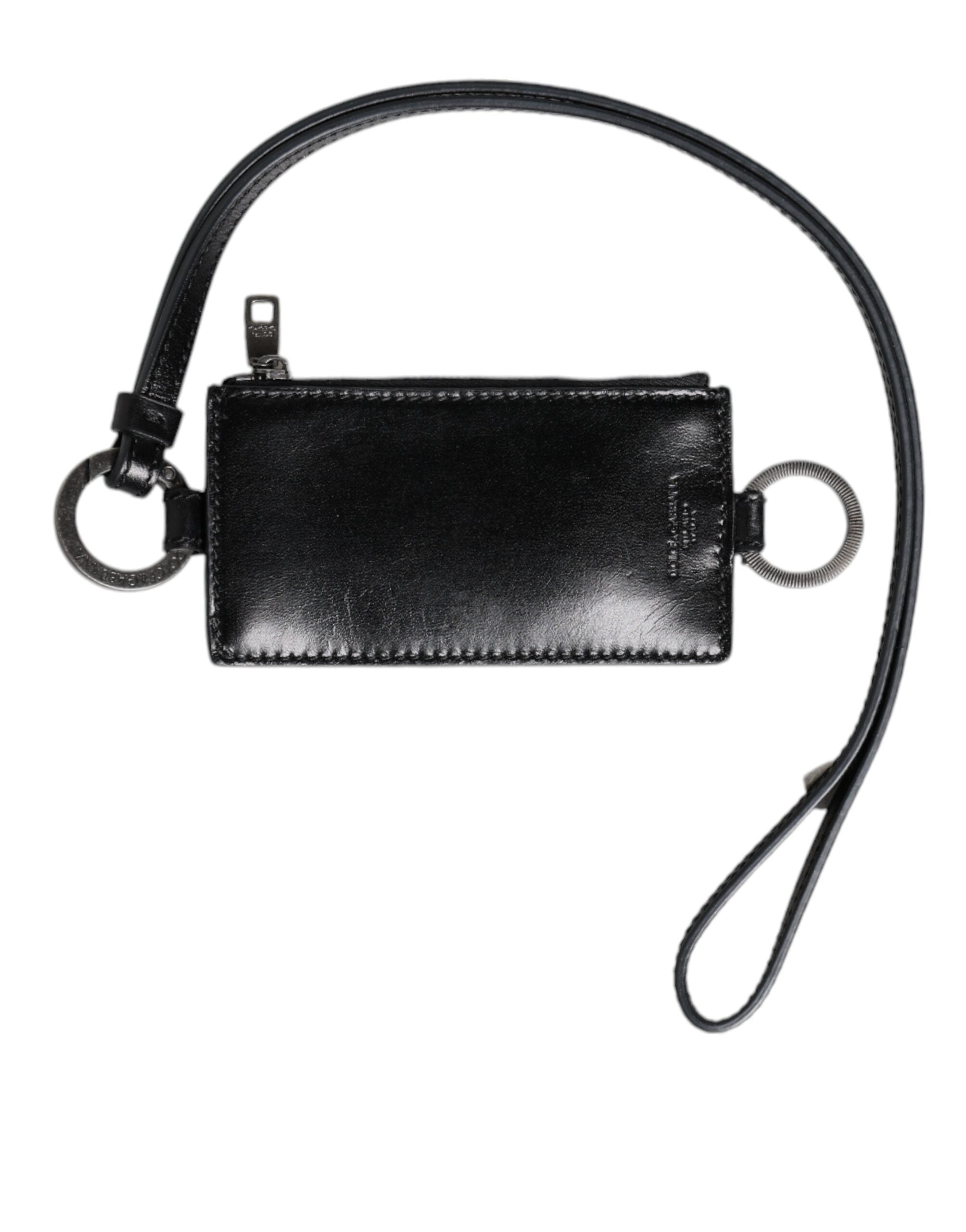 Dolce & Gabbana Black Leather Logo Embossed Lanyard Card Holder Wallet Dolce & Gabbana