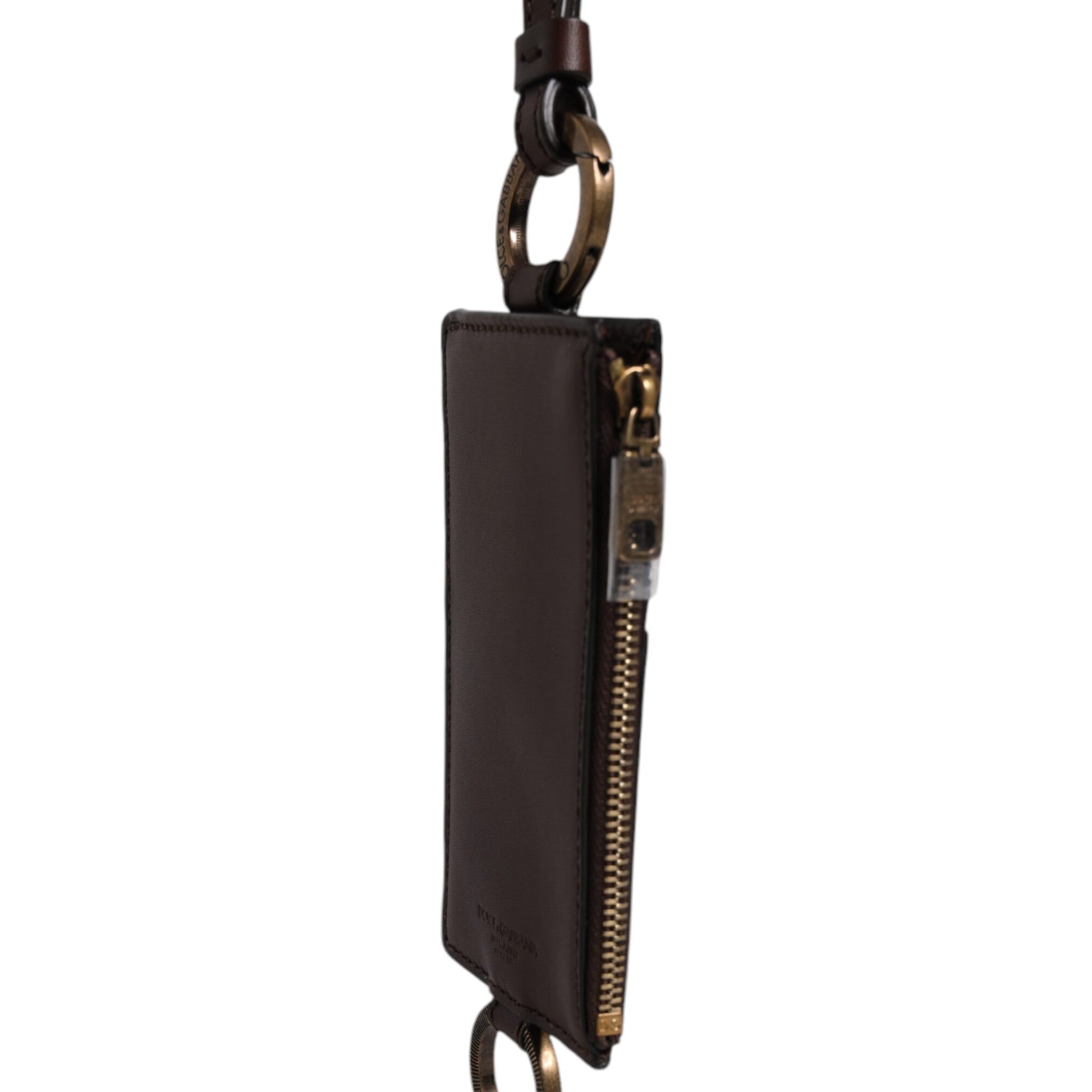 Dolce & Gabbana Brown Calf Leather Lanyard Logo Card Holder Wallet Dolce & Gabbana