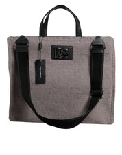 Grey Alpaca Wool Logo Plaque Tote Shoulder Bag