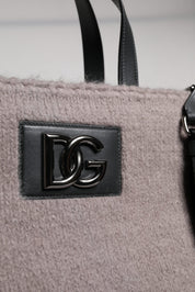 Grey Alpaca Wool Logo Plaque Tote Shoulder Bag