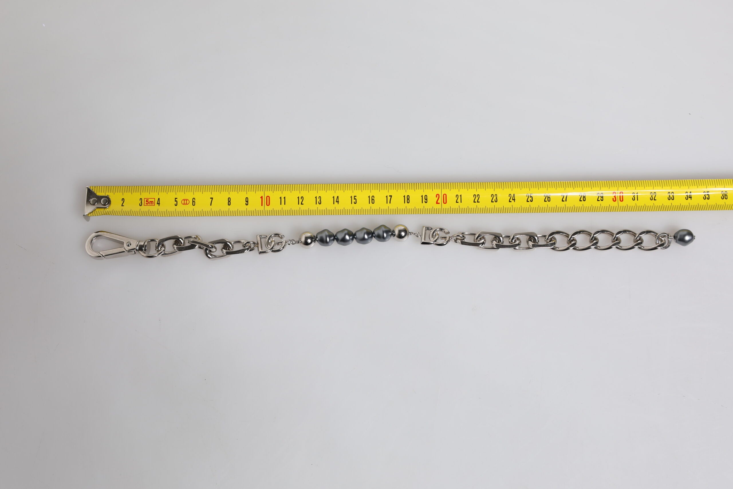 Silver Tone Chain Lobster Clasp Logo Gray Pearls Bracelet