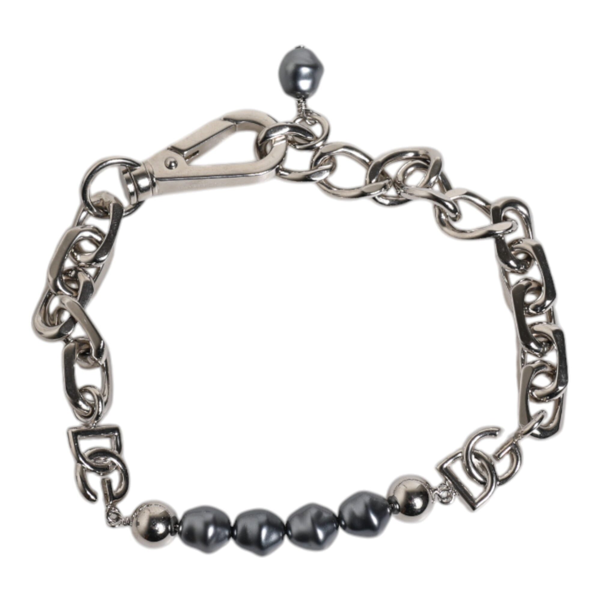 Dolce & Gabbana Silver Tone Chain Lobster Clasp Logo Gray Pearls Bracelet Dolce & Gabbana