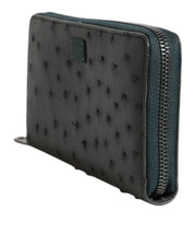 Green Ostrich Logo Plaque Zip Around Continental Wallet