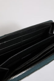 Green Ostrich Logo Plaque Zip Around Continental Wallet