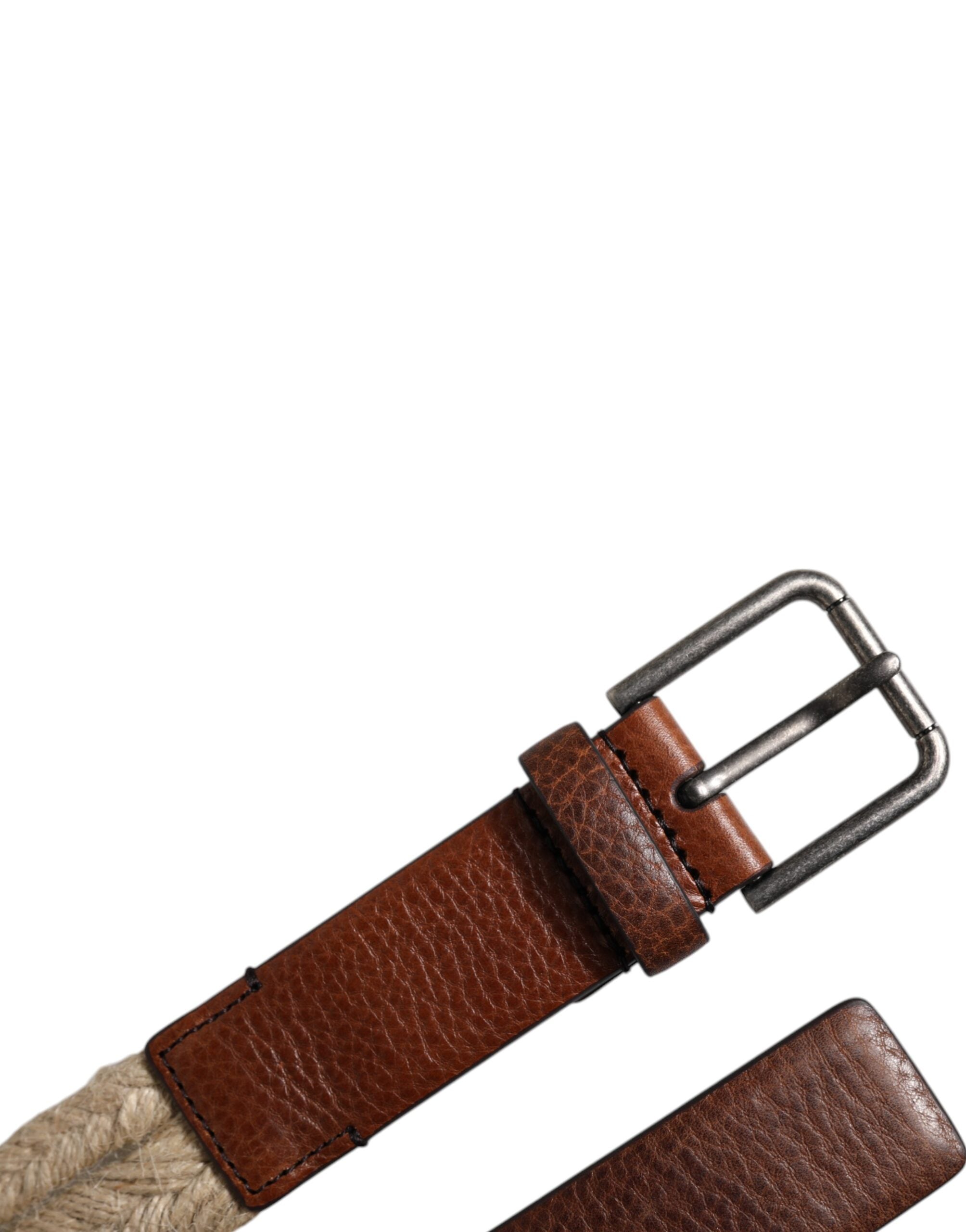 Dolce & Gabbana Brown Jute Leather Woven Metal Buckle Belt Dolce & Gabbana