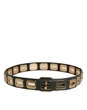Green Leather Gold Tone Rotating Buckle Belt