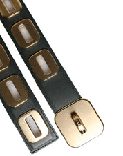 Green Leather Gold Tone Rotating Buckle Belt