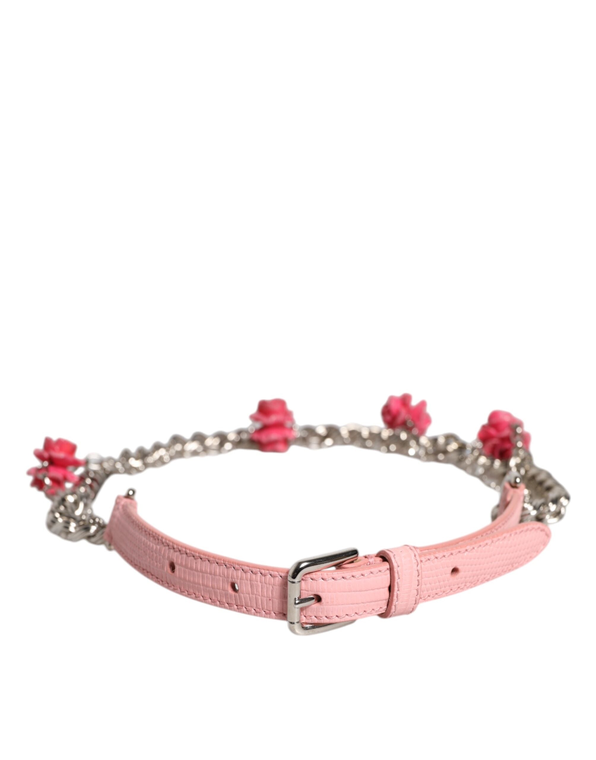 Dolce & Gabbana Pink Embelished Roses Textured Leather Belt Dolce & Gabbana