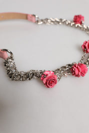 Dolce & Gabbana Pink Embelished Roses Textured Leather Belt Dolce & Gabbana