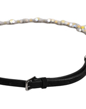 Black Leather Daisy Crystal Embellish Waist Belt