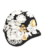 Black Wool White Floral Gold Leaf Cloche Hat