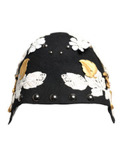 Black Wool White Floral Gold Leaf Cloche Hat