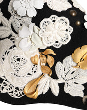 Black Wool White Floral Gold Leaf Cloche Hat