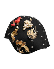 Dolce & Gabbana Black Wool Multicolor Embellished Cloche Hat Dolce & Gabbana
