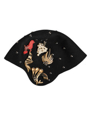 Black Wool Multicolor Embellished Cloche Hat
