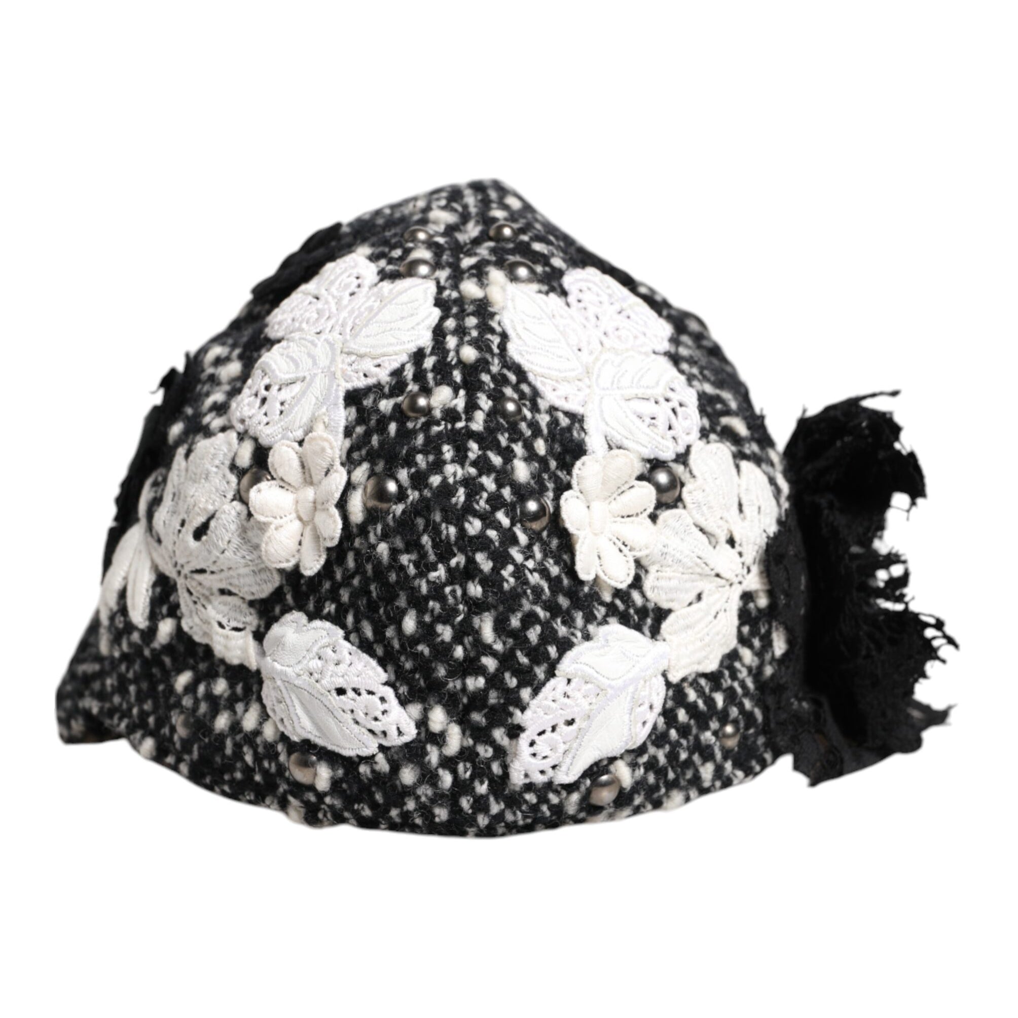 Dolce & Gabbana Black Wool White Floral Embellished Cloche Hat Dolce & Gabbana