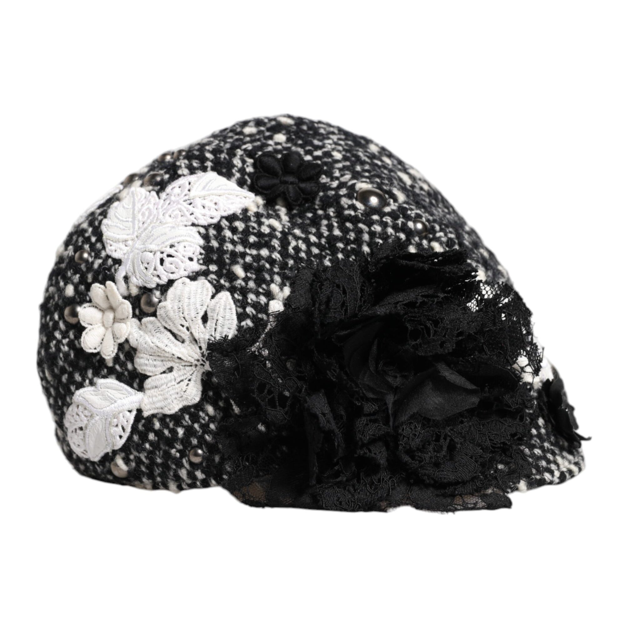 Dolce & Gabbana Black Wool White Floral Embellished Cloche Hat Dolce & Gabbana