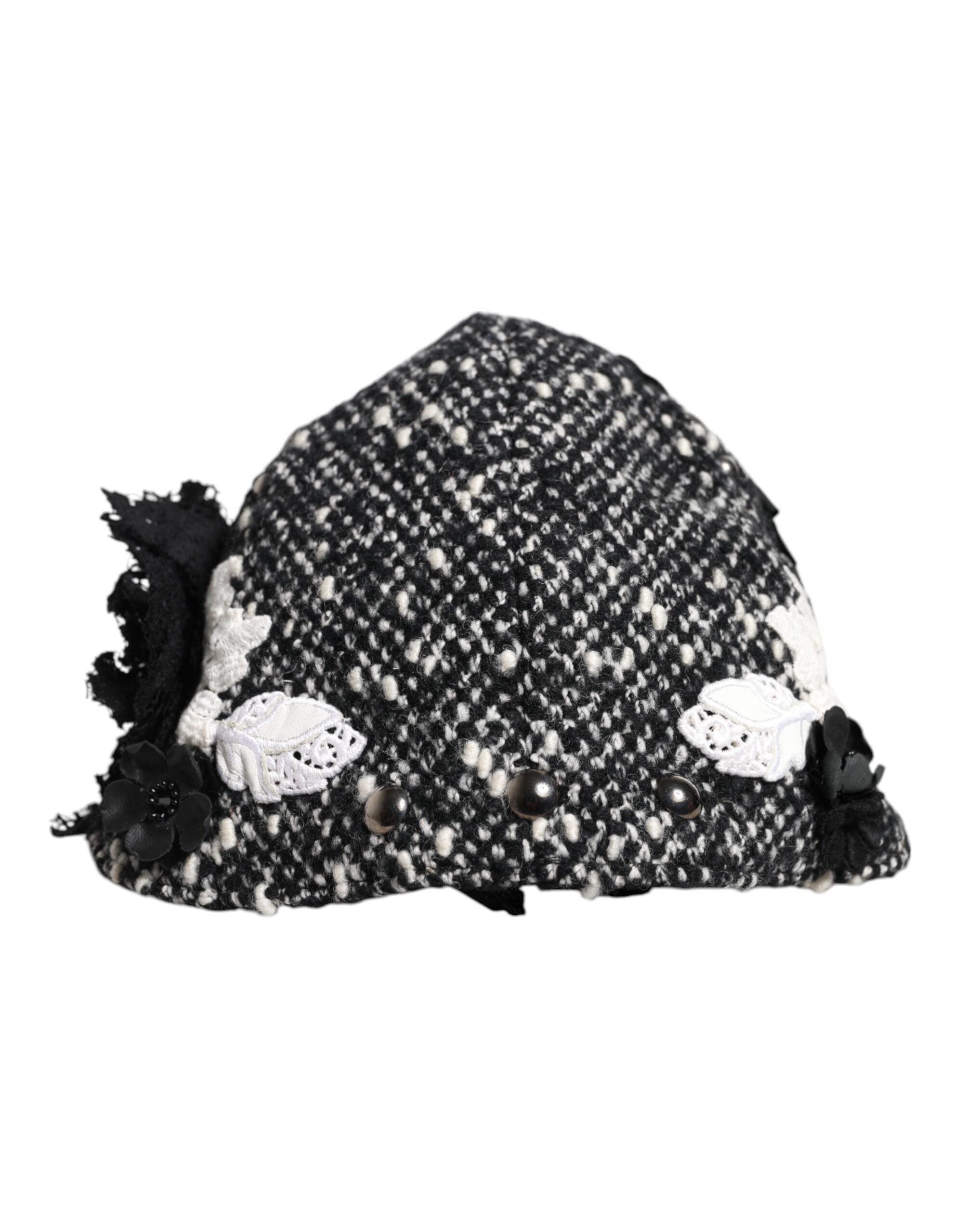 Dolce & Gabbana Black Wool White Floral Embellished Cloche Hat Dolce & Gabbana