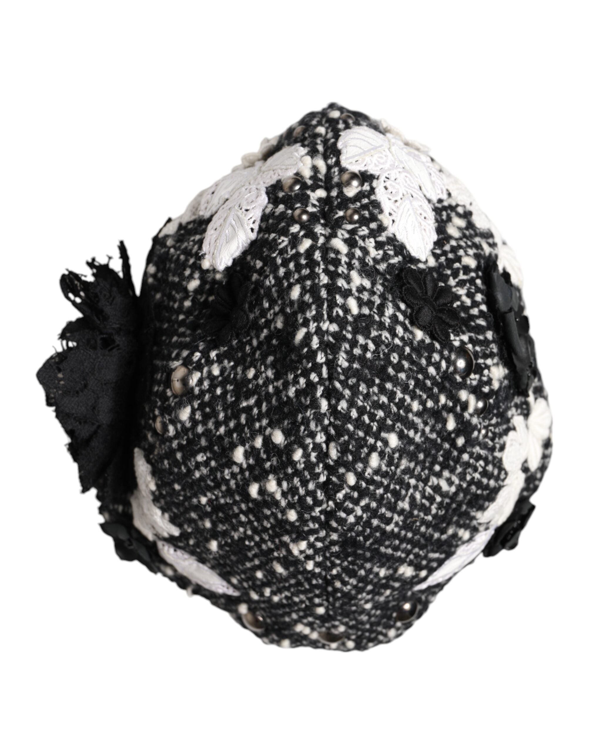 Dolce & Gabbana Black Wool White Floral Embellished Cloche Hat Dolce & Gabbana