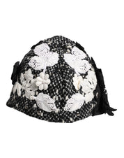 Black Wool White Floral Embellished Cloche Hat