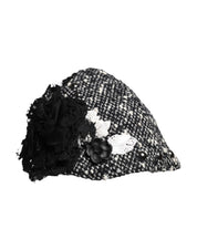 Black Wool White Floral Embellished Cloche Hat