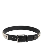 Black Calf Leather Studded Silver Buckle Belt