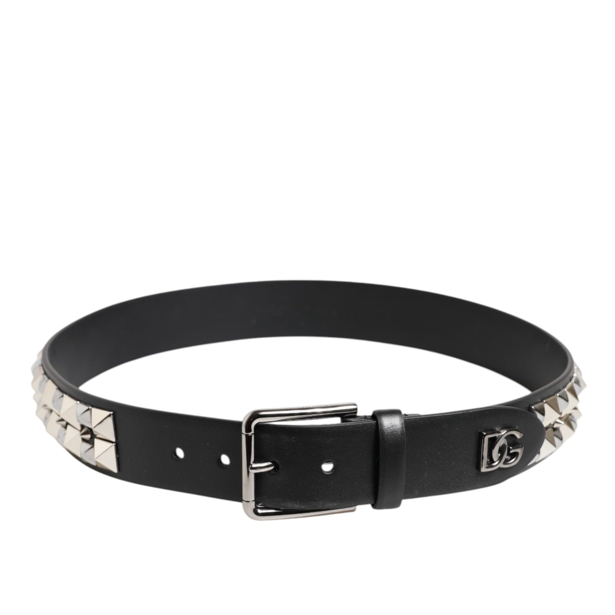 Dolce & Gabbana Black Calf Leather Studded Silver Buckle Belt Dolce & Gabbana