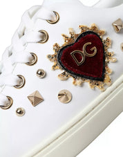 White Leather Gold Red Heart Sneakers Shoes