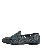 Blue Woven Leather Slip On Loafers Shoes