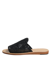 Black Monochrome Braided Raffia Slides Shoes