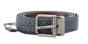Blue Perforated Leather Gray Buckle Belt