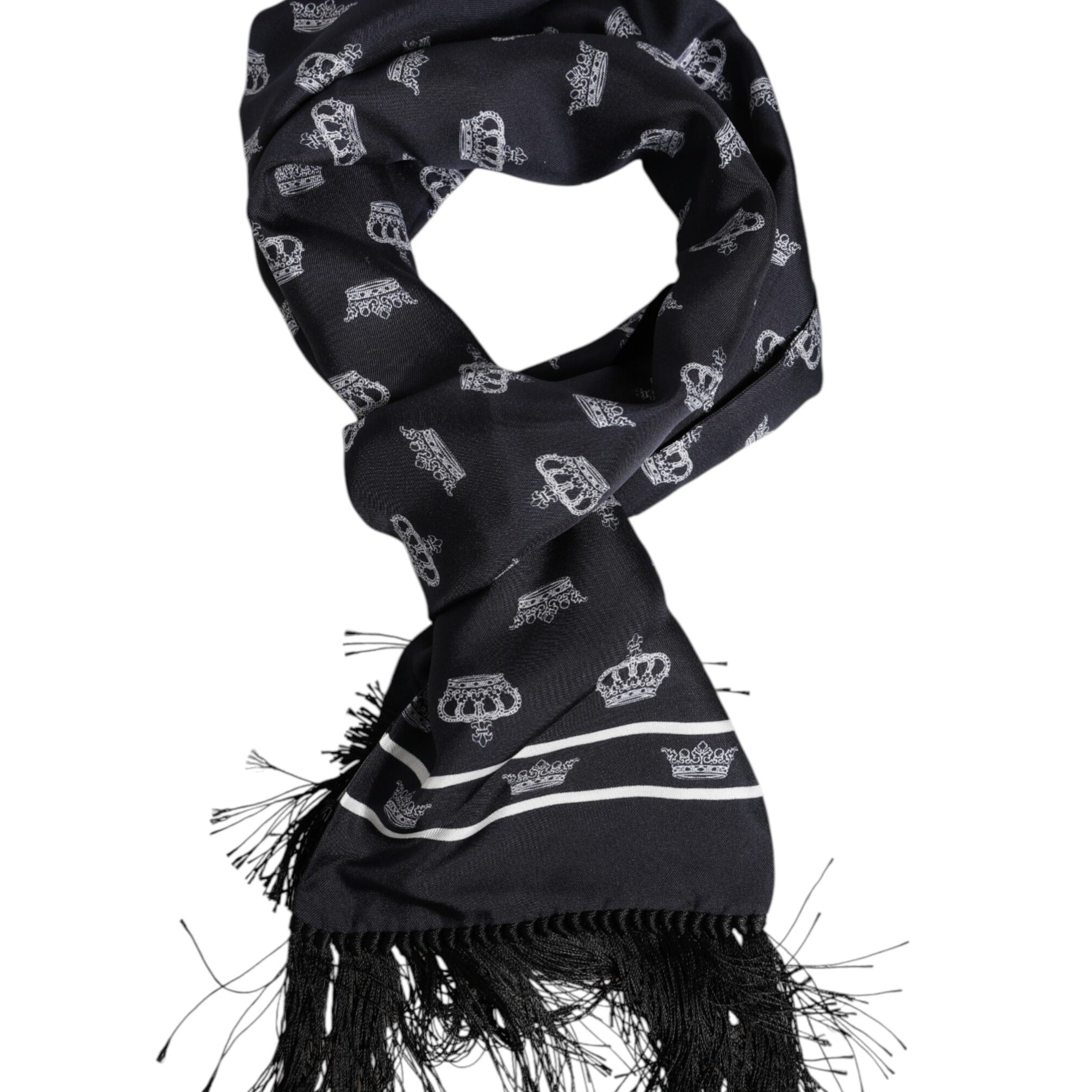 Dolce & Gabbana Black Silk Crown Fringes Men Foulard Scarf Dolce & Gabbana