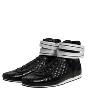Black Quilted Leather Lace Up Sneakers Shoes