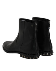 Black Leather Logo Ankle Boots Studded Shoes