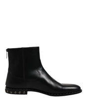 Black Leather Logo Ankle Boots Studded Shoes