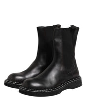 Black Leather Mid Calf Boots Flats Shoes