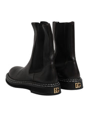 Black Leather Mid Calf Boots Flats Shoes