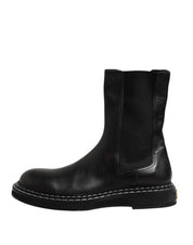 Black Leather Mid Calf Boots Flats Shoes