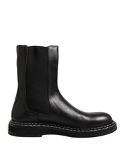 Black Leather Mid Calf Boots Flats Shoes
