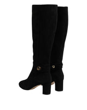 Black Suede Leather Knee High Boots Shoes